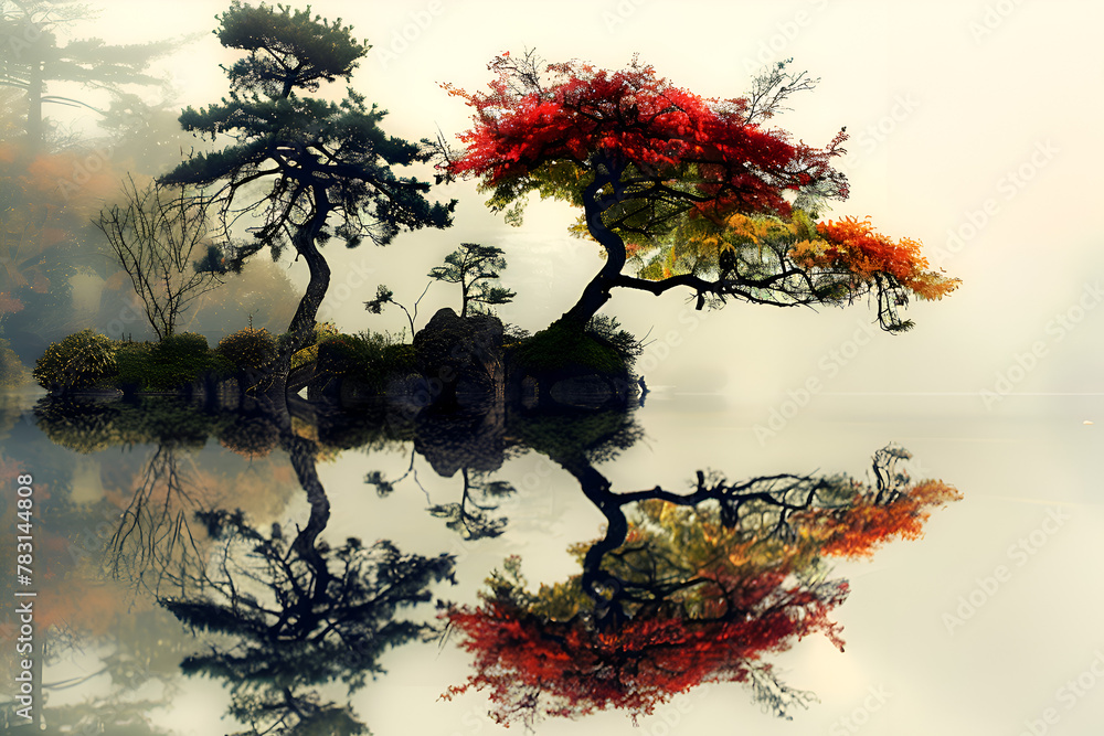 Poster painting of two trees reflected in water one of them is a red tree. the calm waters create a tranqui
