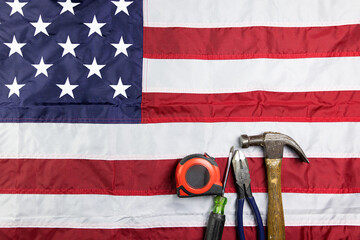 handyman tools on USA Flag, concept of working tools in America
