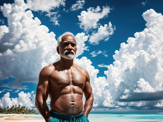 An older man standing on a beach with the ocean in the background. - Powered by Adobe