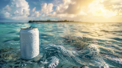 The plain soft-drink can 330ml, floating in the ocean with tropical islands in background. Generated by artificial intelligence.