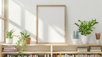 Fototapeta premium room with a window and a plant, mockup empty wooden frame 