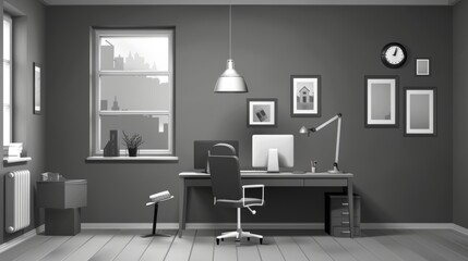 A room interior, a workstation with a desk and chair, a computer on the table and a picture frame or poster mockup hanging on the wall. A realistic 3D modern illustration of a workspace.