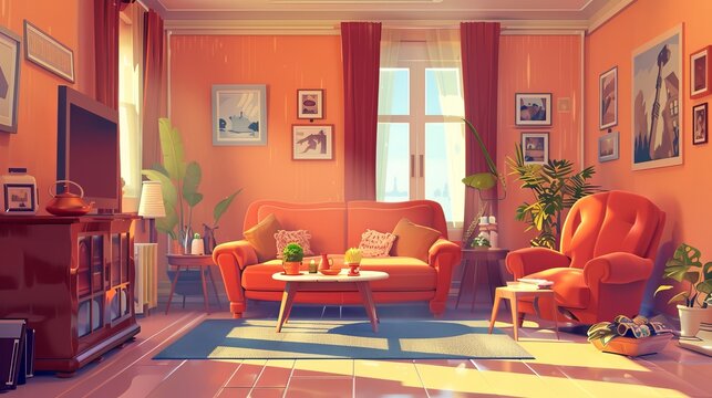 Cozy apartment with couch, rag, pictures on the wall, empty home Cartoon modern illustration of a living room with old fashioned furniture. A sofa with pillows, coffee table and armchairs.