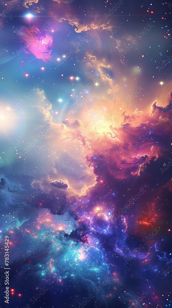 Poster the image depicts a vibrant space teeming with stars and billowing clouds of various hues. the stars