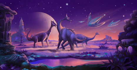 Animals living in the desert of an unknown planet somewhere in space.  - obrazy, fototapety, plakaty