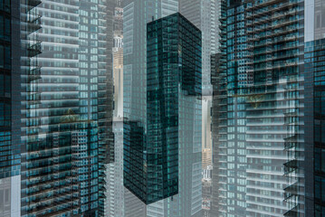 symmetry and mirrored geometry pattern, reflected skyscrapers and modern buildings abstract...