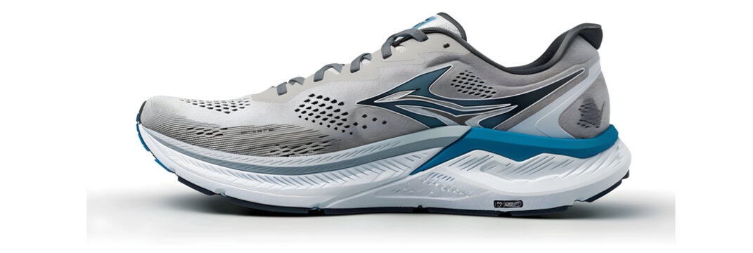 An Elegant Pair of Grey and Blue Running Shoes Displayed against a Bright, White Background