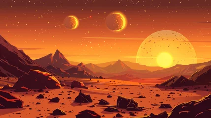 Foto auf Acrylglas Earth landscape, dusk or dawn desert surface with mountains, rocks, satellite, two suns and orange sky. Space extraterrestrial computer game background, cartoon illustration. © Mark