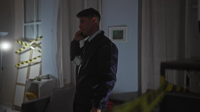 Hispanic detective in suit investigates crime scene indoors, talking on phone.