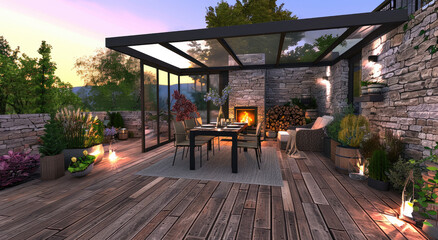 an ultra realistic and detailed photo of an outdoor wooden terrace with modern glass roof, there is fireplace in the corner, garden furniture around it, plants on each side