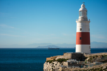 Fototapeta na wymiar lighthouse at point europe in gibraltar, the southernmost point of europe, where you can appreciate the proximity of the african continent.