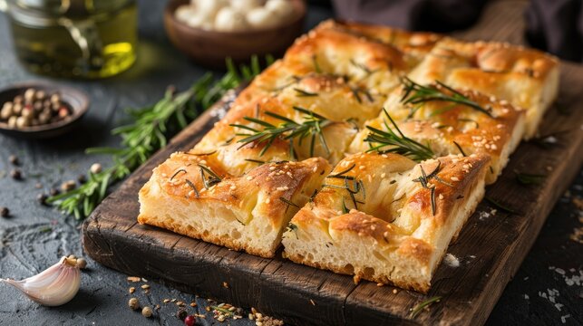 Italian focaccia bread with rosemary and garlic on a rustic background