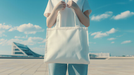 Woman is holding bag canvas fabric for mockup blank template.