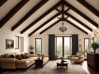 Fototapeta premium A living room with a vaulted ceiling, white walls, and hardwood floors.