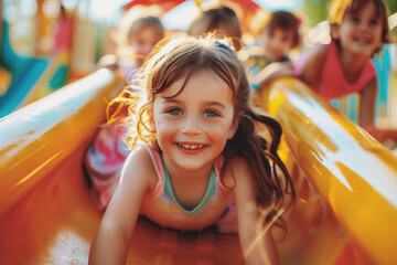 happy kids in playground.having fun on slide