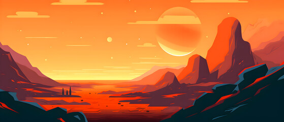 Cartoon illustration of the red planet Mars. Cosmic landscape.	
