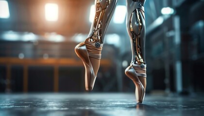 A ballerina robot with golden legs is dancing in an empty room.