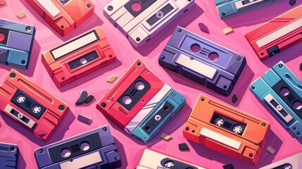 Audio cassettes, mix tapes, media storage for music and sound on pink background. Vintage style analog hipster devices of eighties culture. Modern illustration. - obrazy, fototapety, plakaty