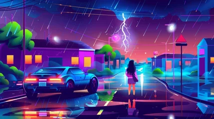 Foto auf Glas Cartoon poster with a young woman walking along an illuminated road and a car going along, showing water puddles and flashing lightning in a dark sky, illustrating a detective story. © Mark