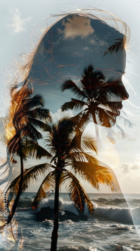 Poster A double exposure featuring a mans face overlaid with palm trees in the foreground. The mans facial features are subtly merged with the vibrant palm trees, creating a striking visual effect.
