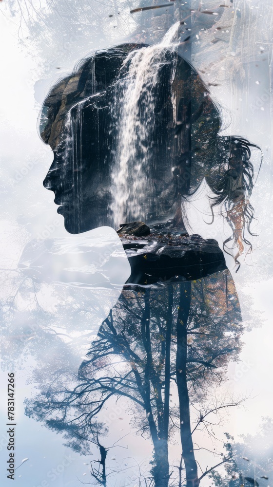 Poster A womans face is reflected in the rippling water, creating a mesmerizing double exposure effect. The image captures the serene beauty of nature interacting with human presence.
