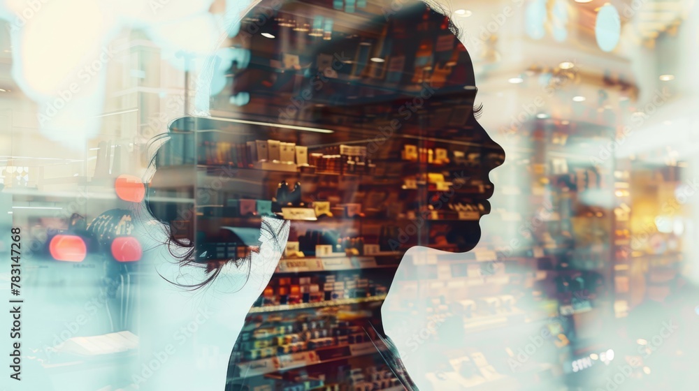 Poster A double exposure featuring a womans face superimposed over a window backdrop. The blend of the womans features and the outdoor view creates a unique and intriguing visual effect.