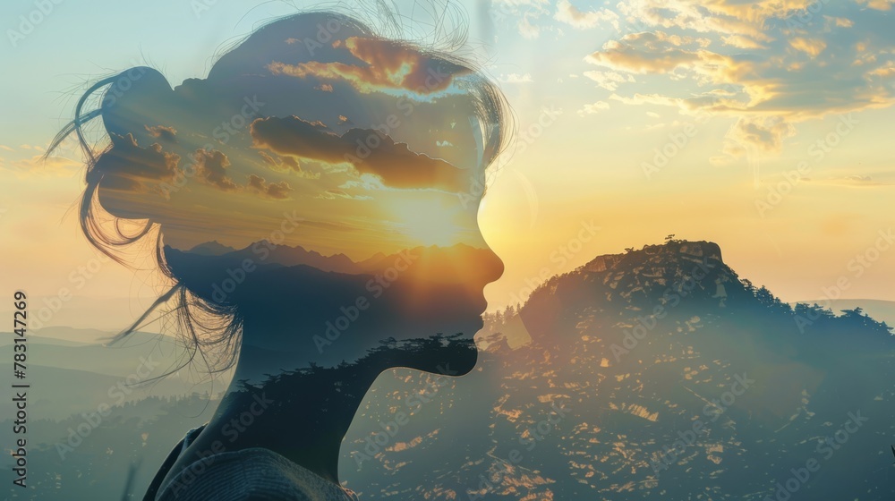 Poster A close-up of a womans face with the sun setting in the background, creating a striking silhouette against the golden sky. The womans features are highlighted by the warm, natural light of the setting