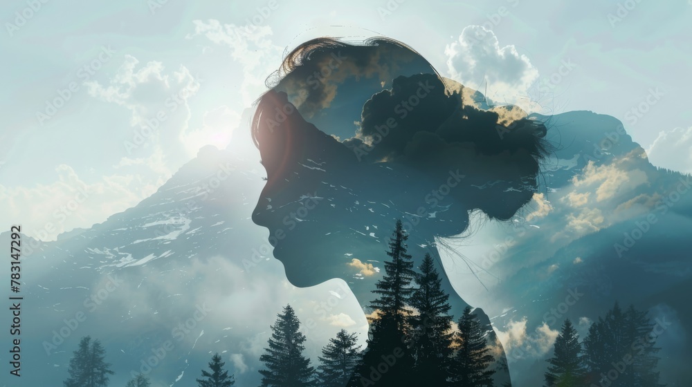 Poster a double exposure featuring the profile of a womans face blending seamlessly with the silhouette of 