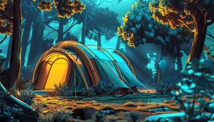 A beautiful painting of a tent in the middle of a forest at night. The tent is lit up from the inside. - obrazy, fototapety, plakaty