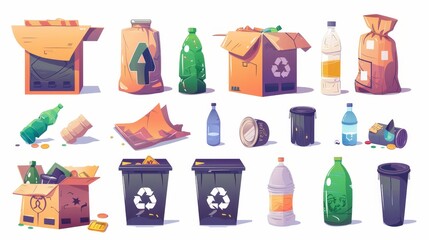 Set of garbage, trash, and litter bins isolated on white background with old plastic cups, glass bottles, creased carton boxes, and sacks of waste. Modern illustration.