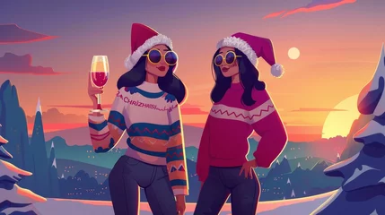 Ingelijste posters A modern landing page with cartoon young women with champagne and red Santa hats celebrate the New Year on a winter landscape background. © Mark