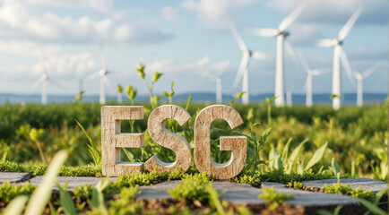 ESG concept with wooden sign against wind turbine field of environmental, social and governance. Renewable energy and sustainable, ethical future
