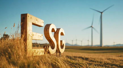 ESG concept with wooden sign against wind turbine field of environmental, social and governance. Renewable energy and sustainable, ethical future