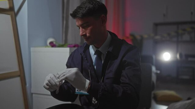 A focused man analyzes forensic evidence in a dimly lit indoor crime scene.