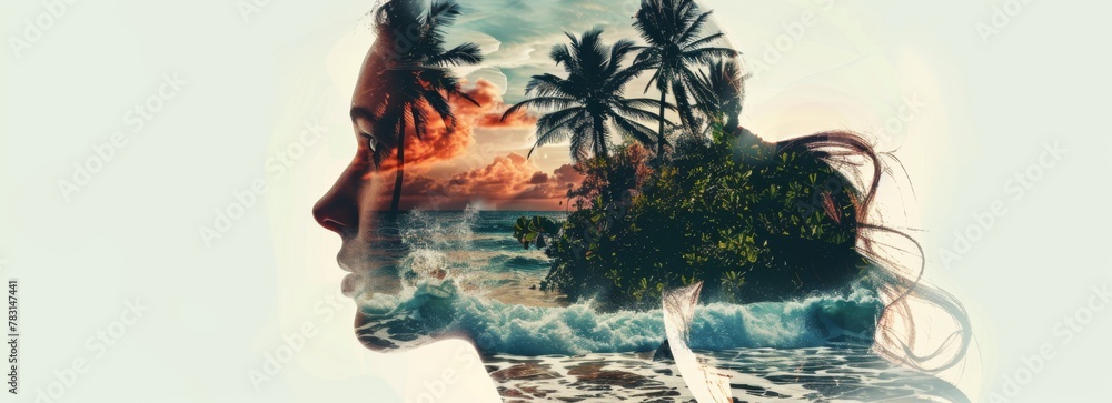 Poster a double exposure of a womans face superimposed with a vibrant tropical island in the background. th