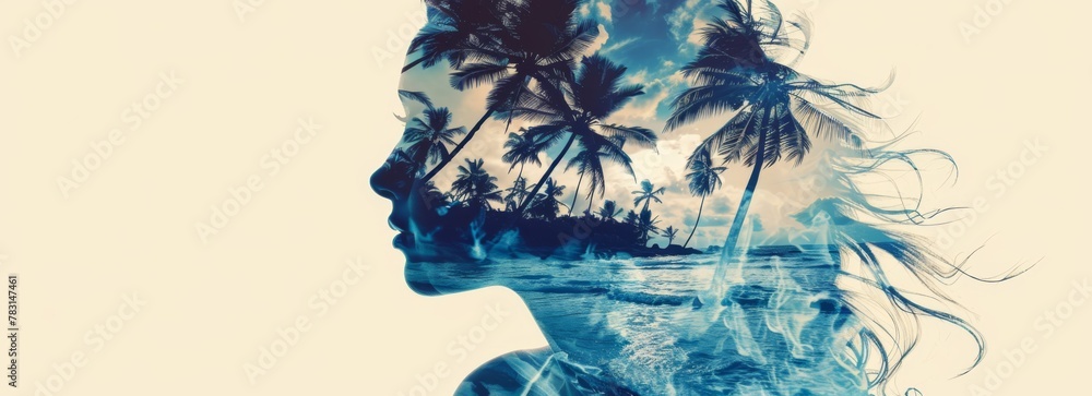 Aufkleber A womans face is in the foreground, with palm trees in the background, creating a double exposure effect. The womans features are clear against the backdrop of the palm trees.