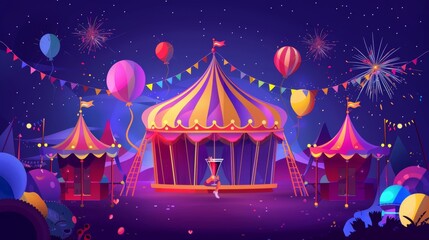 Happy child in night funfair carnival with fireworks and balloons. Cartoon landing page with circus theme, kid with cocktail in amusement park with merry-go-round carousel and roller coaster. - obrazy, fototapety, plakaty