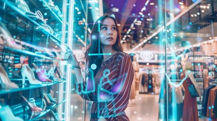A woman is standing in a store in front of a well-lit display showcasing various styles of shoes. She appears to be browsing the selection, potentially considering a purchase.