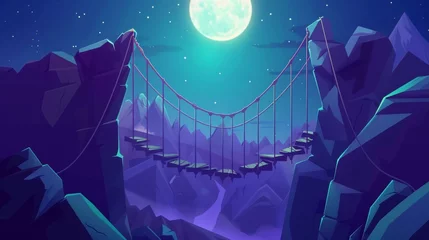 Schilderijen op glas A rope bridgework connects steep rocky edges under moonlight, depicting a suspended mountain bridge above night cliff, rock peaks, and full moon scenery. © Mark