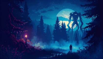 A dark forest with a bright moon. A giant monster is standing in the middle of the forest. A small human is standing on the left side of the image. - obrazy, fototapety, plakaty