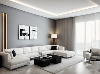 Fototapeta na wymiar An image of a living room with white furniture and a white ceiling.