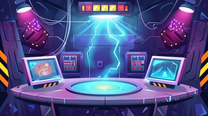 Cartoon banner of a secret project. Underground bunker or lab with glowing plasma in the vault door. Headquarters base control panel with screen and red button. Modern web header design.