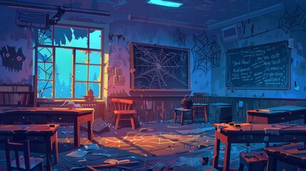 Cartoon illustration of an abandoned magic school with broken furniture and cracked walls, old wooden desks, spider webs on the blackboard, a crushed cauldron, and an abandoned magic school interior
