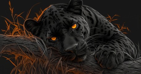Black panther with yellow eyes in dark background, animal