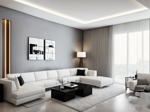 An image of a living room with white furniture and a white ceiling.