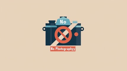 A flat graphic of a camera with a red circle and a line through it, indicating no photography allowed. The sign prominently displayed on the camera prohibits taking pictures.