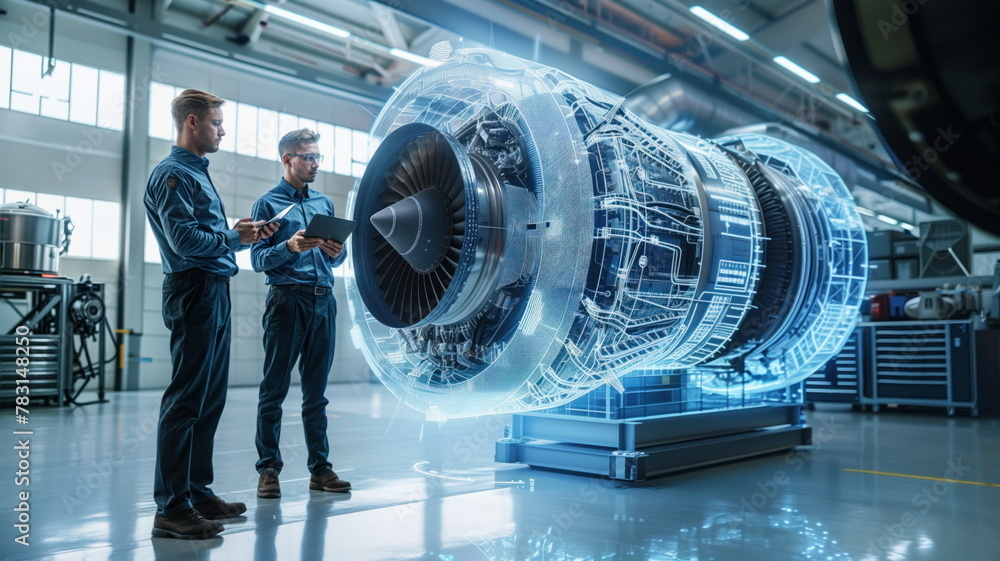 Poster two engineers analyzing a jet engine blueprint holographically.