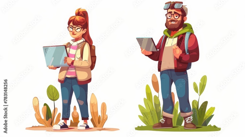 Poster the cartoon character is a graphic designer creating a website. she has a laptop and her friend has 