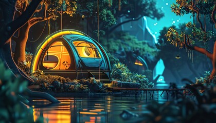 A futuristic tent in a jungle with a river in front of it. - obrazy, fototapety, plakaty