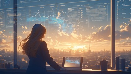 A woman in business attire interacting with an interactive display showing stock market data, representing the use of AI technology for financial purposes.  - obrazy, fototapety, plakaty